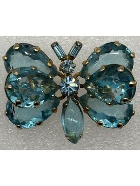 Vintage Butterfly Brooch Swiss Blue Prong Set Crystal Teardrop Marquise Unsigned